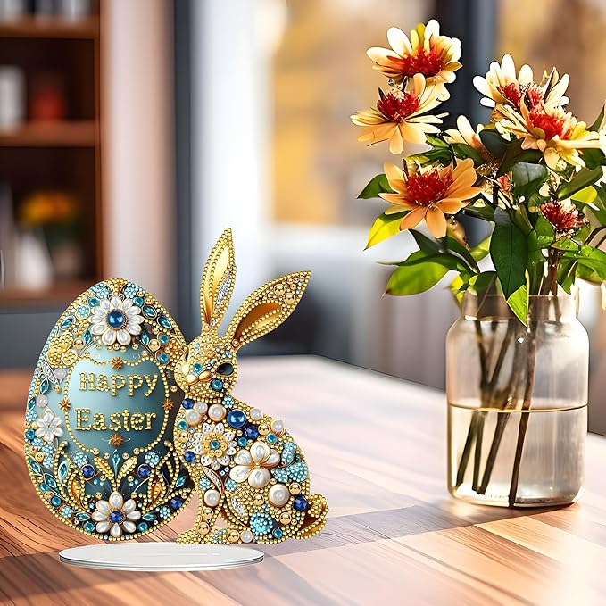 JJFox DIY Tabletop Diamond Art Painting Kit，Desktop Ornament Special Shaped Rhinestone Desk Placement Ornament，Home Stand Up Gem Painting Craft Kit Gift Double Sided (Easter Bunny)