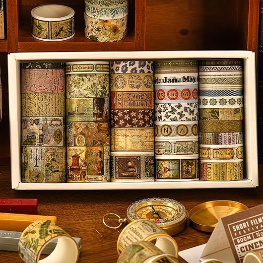 36 Rolls Vintage Washi Tape Pack Retro Arts Adhesive Tapes Wide Chronicle Decorative Masking Tape Sets for Craft, Kids, Scrapbook, DIY, Gift Wrapping (Globetrotting)