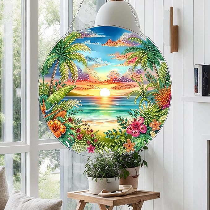 JJFox Diamond Art Hanging Kit for Adult,Special Shaped Rhinestone,Double Sided DIY Acrylic 5D Diamond Art Painting Window Pendants Home Garden Wall Hanging Kits Hanging Ornament (Summer Beach)