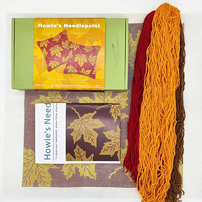 Howie's Needlepoint Needlepoint Kits for Adults, Pillow Front Cross Stitch Kit with Embroidery Pattern on Canvas, Yarn, 2 Needles and Instruction, 16 x 16inch(Maple Leaf)