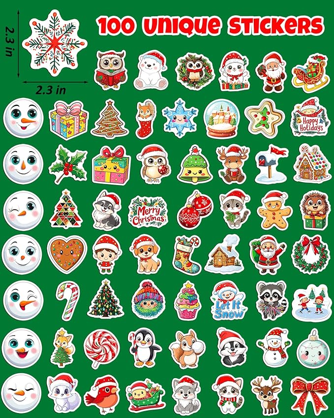100pcs christmas stickers, non-repeating vinyl waterproof holiday stickers, christmas party favors, stocking stuffers for kids toddlers teens boys girls, activities, gifts, toys, goodie bag stuffers