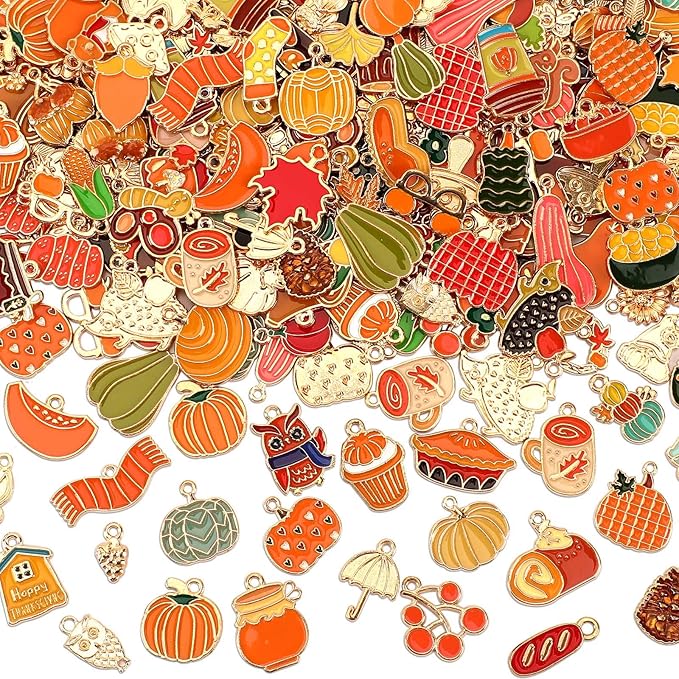 SANNIX 350pc Fall Charms, Thanksgiving Enamel Pumpkin Maple Leaf Turkey Autumn Charms for Jewelry Making, Bulk for Bracelets, Necklaces, Earrings, Craft Making