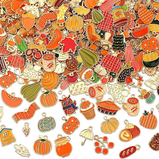 SANNIX 350pc Fall Charms, Thanksgiving Enamel Pumpkin Maple Leaf Turkey Autumn Charms for Jewelry Making, Bulk for Bracelets, Necklaces, Earrings, Craft Making