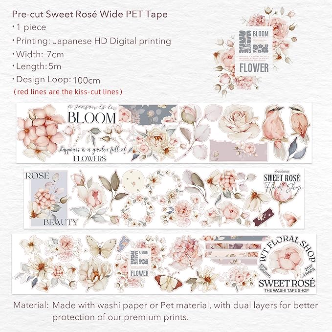 WT Pre-Cut Sweet Rosé Wide PET Tape, Single Roll, Original Designs, Dreamy Rose Motifs & Subtle Handwritten Accents, Decorative Clear Tape for Journaling, Scrapbooking, Planner, DIY Crafts