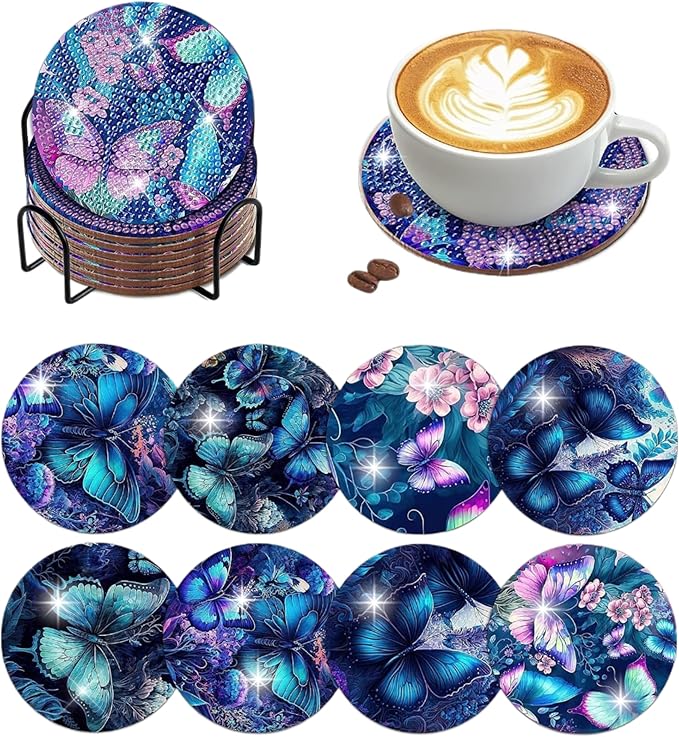 8 pcs Diamond Painting Coasters | Diamond Art Coasters | Blue Butterfly Diamond Art Painting | Perfect Art Craft Gift for Butterfly Lover, Dad, Mom, Grandparents, Brother, Sister.
