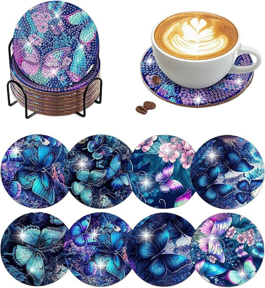 8 pcs Diamond Painting Coasters | Diamond Art Coasters | Blue Butterfly Diamond Art Painting | Perfect Art Craft Gift for Butterfly Lover, Dad, Mom, Grandparents, Brother, Sister.