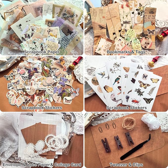 Flartmo 288 Pcs Complete Scrapbook Supplies Kit, Vintage Scrapbook Paper & Nature Animal Stickers, Junk Journal Scrapbooking Supplies Kit for Journaling, Scrapbooking Embellishments, Planner, Card