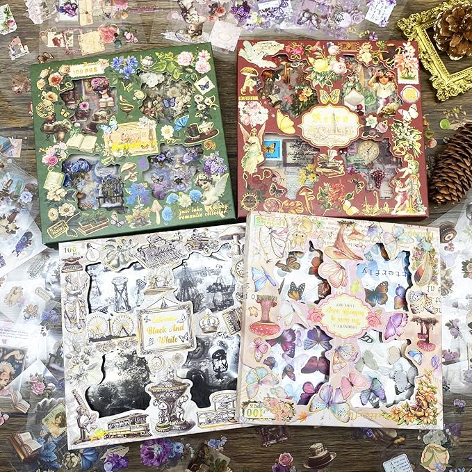 560pcs Black Vintage PET Stickers, Junk Journal Supplies for Adults Transparent Waterproof Scrapbook Stickers, Ephemera for Scrapbooking, Journaling, DIY Art Crafts, Laptop, Water Bottles, Card Making
