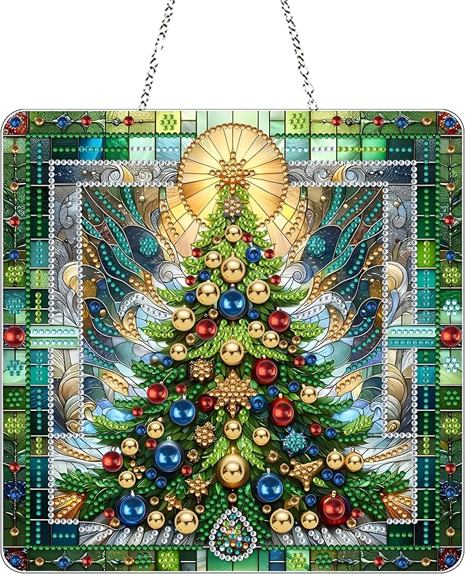 JJFox DIY Acrylic Diamond Art Painting Wreath Kits Special Shaped Rhinestone Diamond Art Window Pendants Home Garden Wall Hanging Kits Hanging Ornament，Double Sided(Christmas Tree-1)