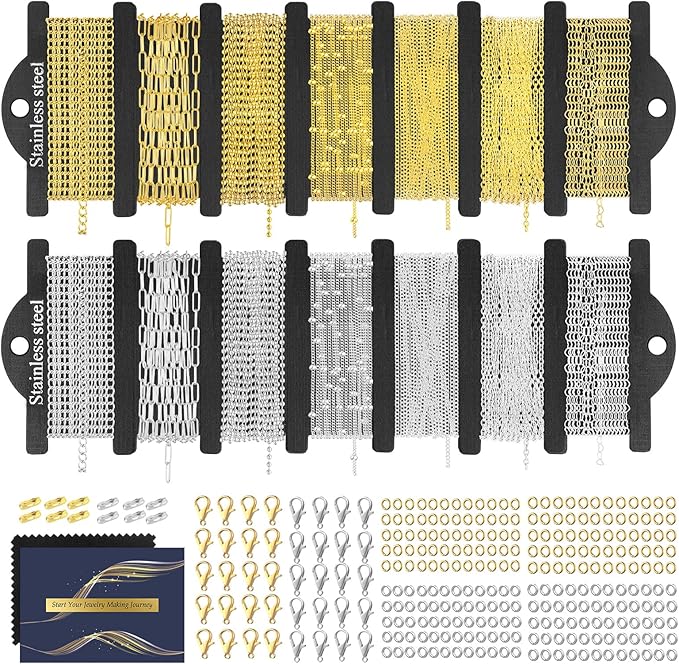 HUISUYTON Necklace Chain for Jewelry Making,45.93 FT 14 Rolls Stainless Steel Jewelry Chains Bulk with Jump Rings, Lobster Clasps, Connectors for DIY Necklace Earring Bracelet