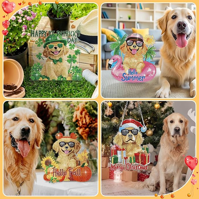 Cinnvoice 12 Pcs Seasonal Diamond Art Wreath Kits Holiday 5d DIY Diamond Art Hanging Signs Winter Spring Ornaments for Wall Door Decoration(Dog)