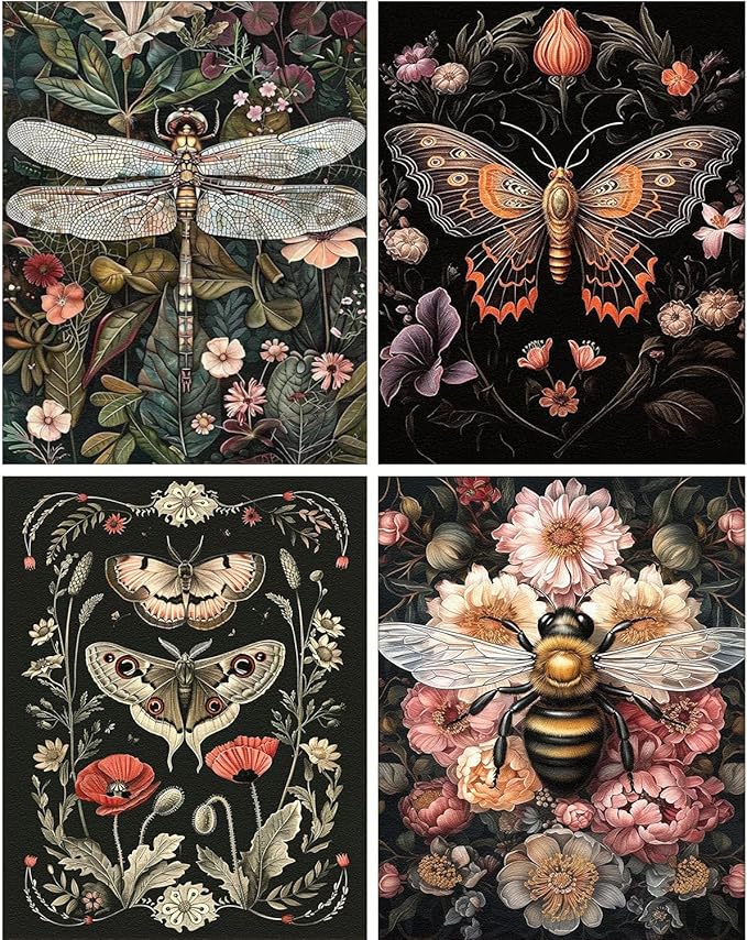 4 Pack Stamped Cross Stitch Kits for Adults - Cross Stitch Kits for Beginners,11 CT Insect Flowers Cross Stitch Patterns Dimensions DIY Counted Cross Stitch Kits for Adults Arts Craft 12x16 inch