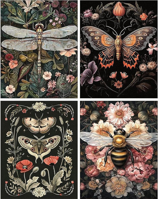 4 Pack Stamped Cross Stitch Kits for Adults - Cross Stitch Kits for Beginners,11 CT Insect Flowers Cross Stitch Patterns Dimensions DIY Counted Cross Stitch Kits for Adults Arts Craft 12x16 inch