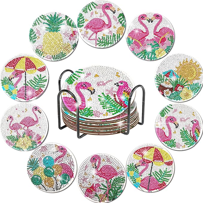 YLOLUL 10 Pc Flamingo Coasters Kit with Holder - Beginner & Kid Friendly Art Craft Gifts
