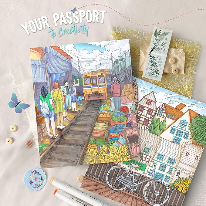 ColorIt Lost in Translation Spiral Bound Adult Coloring Book, 50 Single-Sided Designs of Unique Travel Destinations & Attractions, Thick Paper, Perforated Paper, Lay Flat Hardback Cover, & Ink Blotter