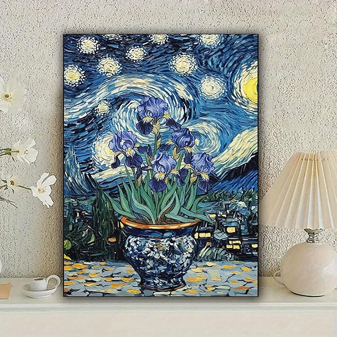 KUFWKEY Iris Flowers Diamond Art Kits for Adults,Starry Night Diamond Painting Kit,DIY Diamond Mosaic Art,Diamond Dots for Beginner,Gem Art and Craft for Home Wall Decor 12 x 16 Inch