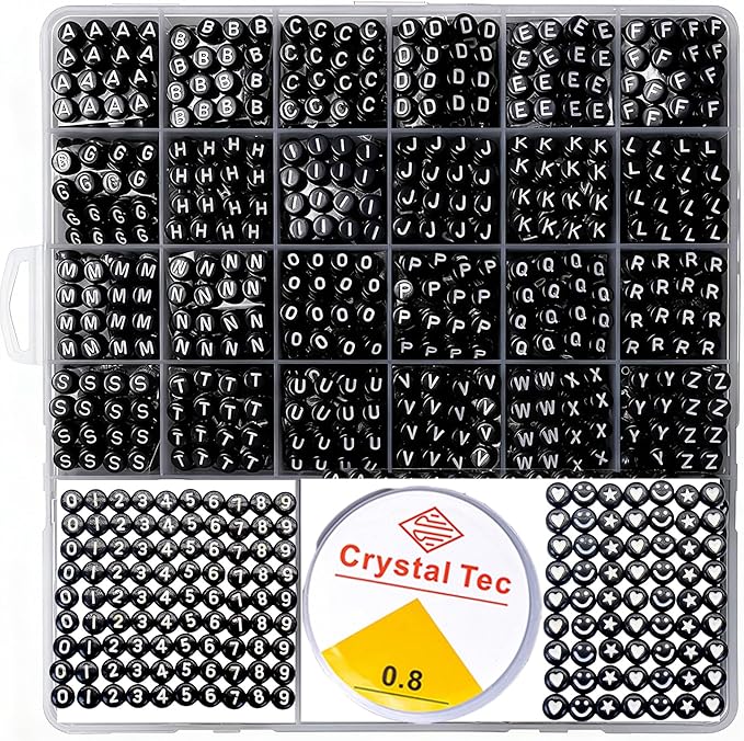 nikkiGuo 1250 PCS Letter Beads Kit with Elastic Cord – Alphabet A–Z, Numbers, Heart, Moon, Star, Smiley Beads for Friendship Bracelets & DIY Jewelry (Black Beats & White Letters)