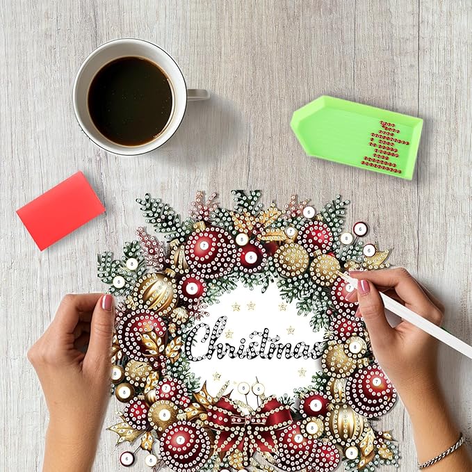 SENQAO Christmas Wreath Diamond Art Hanging Kits for Adults Beginners, DIY Acrylic 5D Special Shaped Crystal Diamond Gem Art Painting Hanging Ornament for Home Wall Decor and Gift