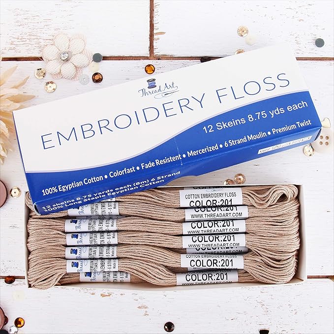 12 Skeins ThreadArt Premium Egyptian Long Fiber Cotton Embroidery Floss | Beige | 6 Strand Divisible Thread 8.75yds Each for Hand Embroidery, Friendship Bracelets, Cross Stitch and Crafts