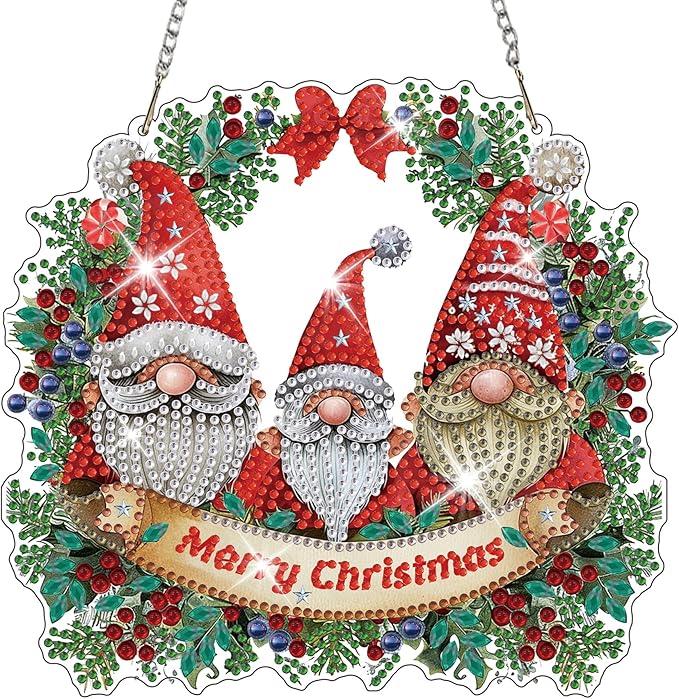 HEIBAGO Gnome Diamond Art Hanging Kits for Adults Kids, 5D Special Shaped Crystal Diamond Painting Kit Wreath, DIY Pattern Window Pendant Gem Art Kit for Home Wall Decor 8.3 x 8.3 Inch