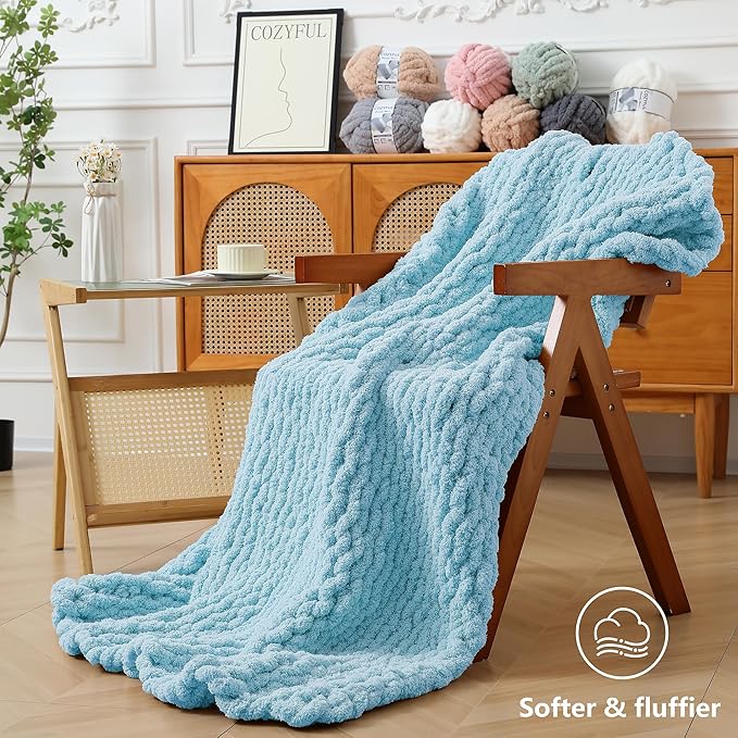 Chunky Yarn for Hand Knitting - #10 Chunky Chenille Yarn, Jumbo Big Thick Chunky Yarns for Crocheting, Super Bulky Chunky Knit Blanket Yarns, 8 Skein (25 yds 8 oz Each Skein), Sky Blue