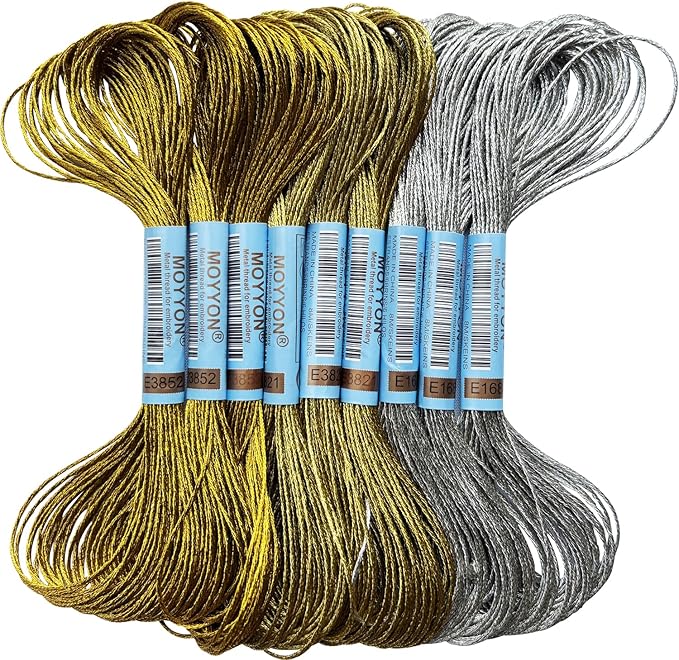 9 Skeins Embroidery Thread, 3 Colors Metallic Embroidery Floss Set, Polyester Cross-Stitch Threads for Hand Embroidery, String Art（Dark Gold，Light Gold,Sliver）