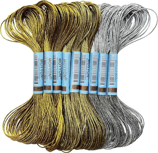 9 Skeins Embroidery Thread, 3 Colors Metallic Embroidery Floss Set, Polyester Cross-Stitch Threads for Hand Embroidery, String Art（Dark Gold，Light Gold,Sliver）