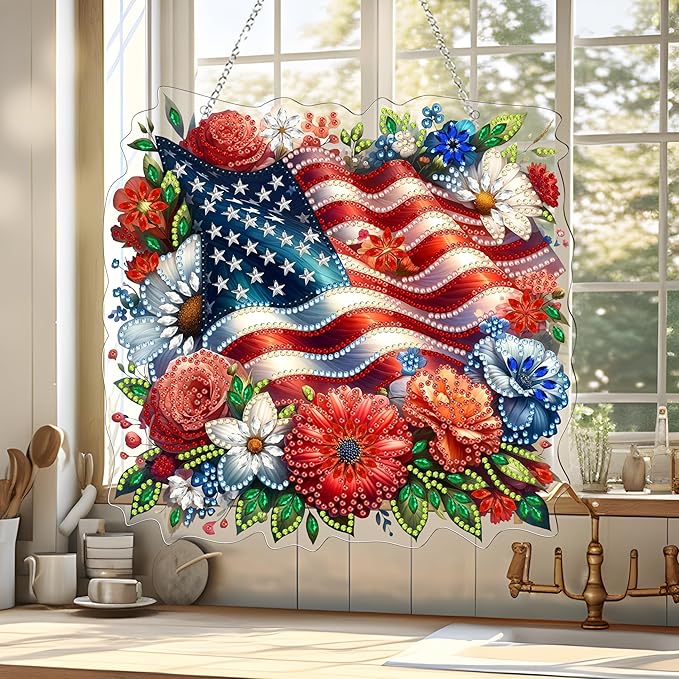Diamond Art Hanging Kit for Adult,4Th of July Special Shaped Rhinestone,Double Sided DIY Acrylic Diamond Art Painting Window Pendants Home Garden Wall Hanging Kits Hanging Ornament (American Flag)