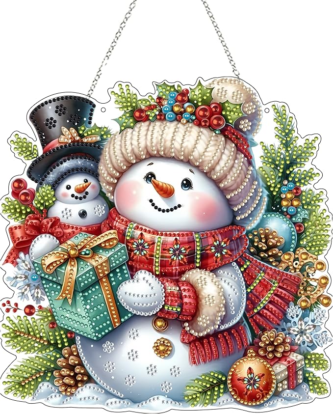 JJFox Diamond Art Hanging Kit for Adult,Special Shaped Rhinestone,DIY Acrylic 5D Diamond Art Painting Window Pendants Home Garden Wall Hanging Kits Hanging Ornament,Double Sided. (Christmas Snowman)
