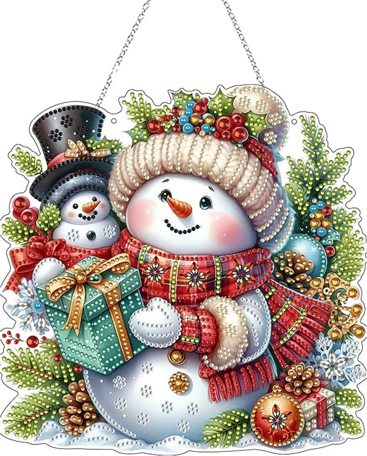 JJFox Diamond Art Hanging Kit for Adult,Special Shaped Rhinestone,DIY Acrylic 5D Diamond Art Painting Window Pendants Home Garden Wall Hanging Kits Hanging Ornament,Double Sided. (Christmas Snowman)