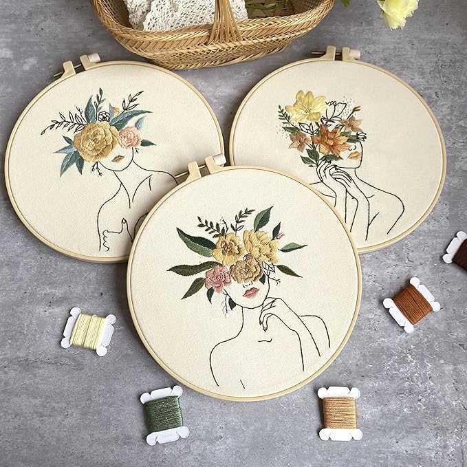 harimau 3 in beginner embroidery kit,floral plant pattern,cross stitch kits, including stamped embroidery cloth with 3 embroidery hoops, color threads and embroidery kits