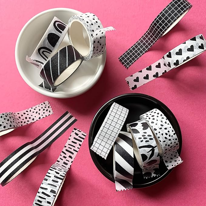 zynshe washi tape set of 12 rolls of 15 mm wide cute decorative washi tape for journaling, scrapbook, washy crafts, bullet journals, planners, diy décor, gift wrapping, craft supplies (black white)