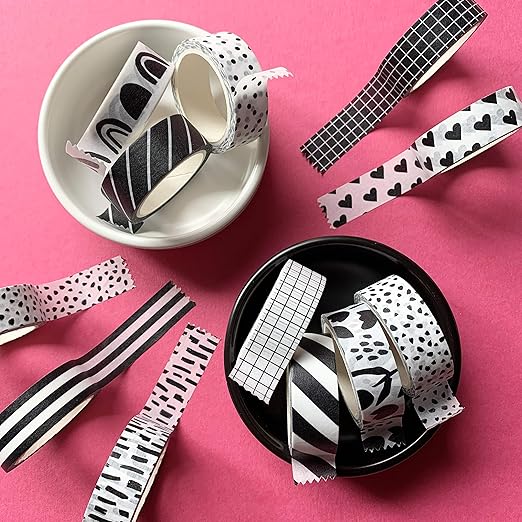 Washi Tape Set of 12 Rolls of 15 mm Wide Cute Decorative Washi Tape for Journaling, Scrapbook, Washy Crafts, Bullet Journals, Planners, DIY Décor, Craft Supplies For Adults & Kids (Black and White)