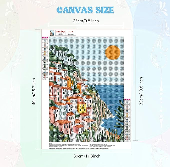 QENSPE Diamond Painting Art Kits for Adults, DIY Seaside View Full Drill Diamond Art for Beginners, 5D Colorful Houses Round Diamond Dots Paintings Gem Art Crafts for Home Wall Decor Gifts 30x40cm