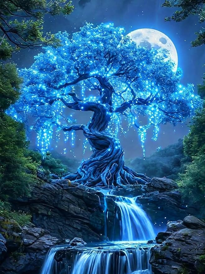 ijbnhd Tree of Life Diamond Art Kits for Adults, Tree of Life Diamond Painting Kits for Beginners, Round Full Drill Blue Scene Gem Art Crafts for Home Decor 12x16 inch