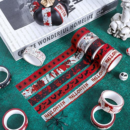 Whaline 12 Rolls Halloween Bloody Washi Tapes Blood Spatter Spooky Bloodstain Skull Ghost Masking Tapes 15mm Scary Bloody Washi Tape Set for Scrapbook Journal DIY Craft Gift Wrapping, 16.4Ft
