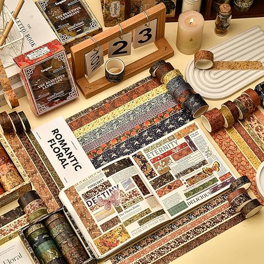 12 Rolls Chinoiserie Washi Tape Set Chinese Arts Adhesive Tapes Geometric Garden Decorative Masking Tape Sets for Craft, Kids, Scrapbook, DIY, Gift Wrapping (Serene Mountain Abode)