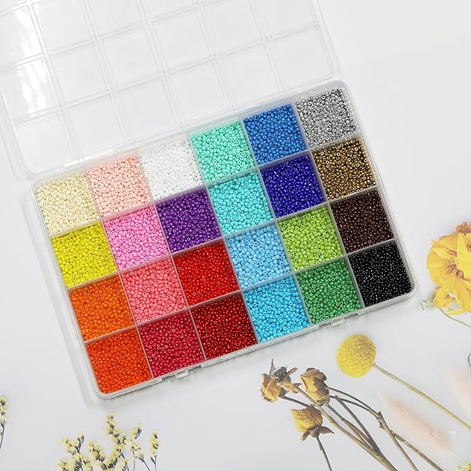 Size 2mm Seed Beads 24 Crayon Colors in Grid Storage Box Total About 20000pcs, 12/0 Small Seed Beads for Bracelet Jewelry Making