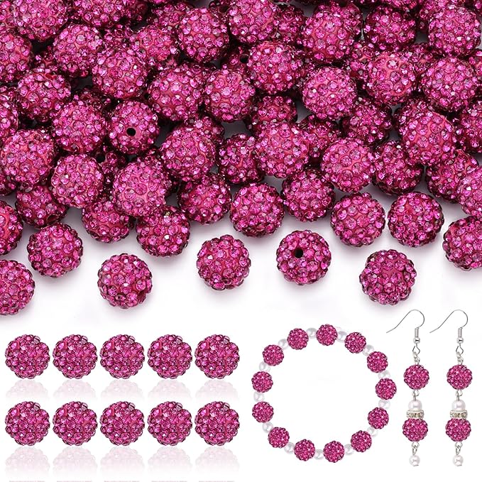 200pcs 10mm rhinestone beads for jewelry making, fuchsia shiny round disco ball beads bulk, sparkle crystal clay christmas for bracelet baseball necklace earring crafting and diy