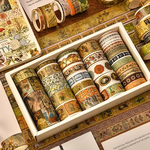 36 Rolls Vintage Washi Tape Pack Retro Arts Adhesive Tapes Wide Chronicle Decorative Masking Tape Sets for Craft, Kids, Scrapbook, DIY, Gift Wrapping (Madame de Pompadour)