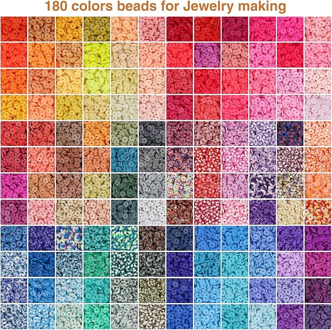 XSEINO 37300+ Pcs Clay Beads Bracelet Making Kit,8 Boxes 180 Colors Friendship Charms Kit Flat Polymer Heishi Beads with Rich Jewelry Making Accessories for Crafts Christmas Gifts