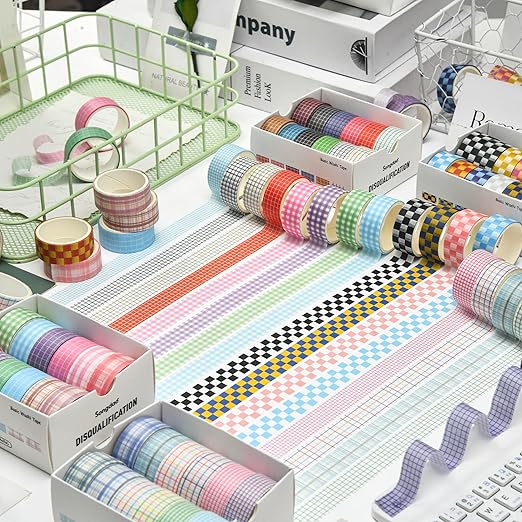 12 Rolls Grid Washi Tape Set Plaid Arts Adhesive Tapes Basic Patterns Decorative Masking Tape Sets for Craft, Kids, Scrapbook, DIY, Gift Wrapping (Style Four)