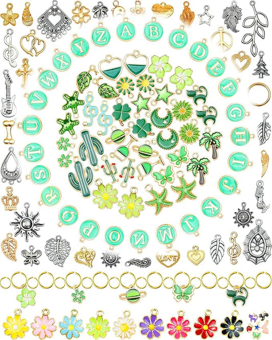 FIVEIZERO 216PCS Bracelet Charms for Jewelry Making – Assorted Gold & Silver Metal Enamel Pendants with Jump Rings for Necklaces, Earrings & DIY Jewelry Crafts(Green)
