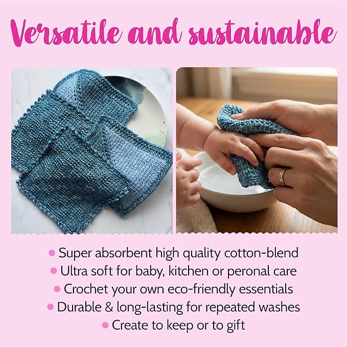 KnitPal Everyday Joy Tunisian Crochet Dishcloth Kit for Confident Beginners – Make 4 Reusable Dishcloths – Cotton Yarn, Tunisian Crochet Hook, 2 Patterns & Video Tutorials (Jean Blue + Sky Blue)