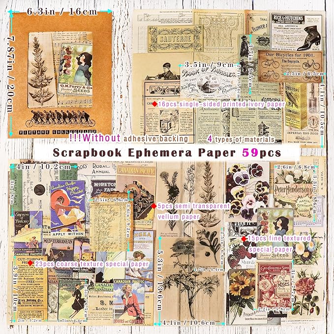 CATaireen Vintage Junk-Journal Mixed Paper Scrapbooking Embellishments Set Retro Journaling Decoupage Stickers Textured Packaging Decorative Cards Tags Kit (Poster B)