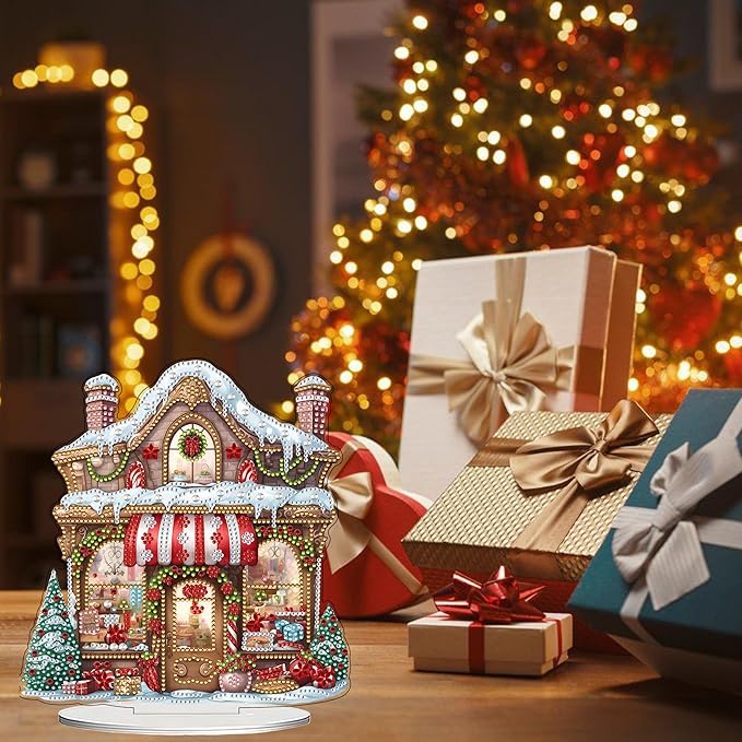 JJFox DIY 5D Tabletop Diamond Art Painting Kit， Desktop Ornament Special Shaped Rhinestone Desk Placement Ornament，Home Stand Up Gem Painting Craft Kit，Gift (Christmas House)