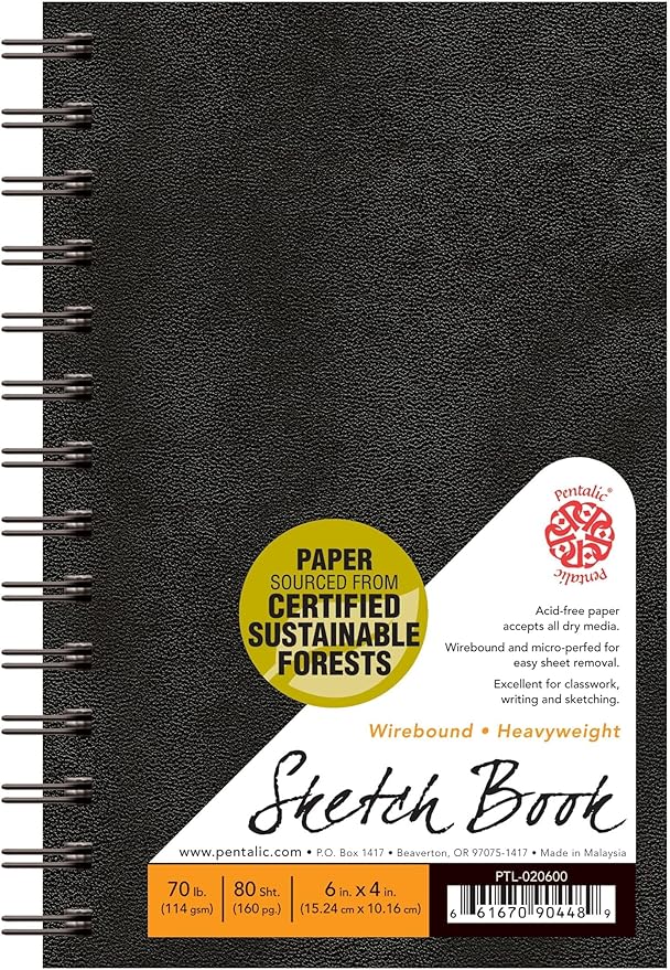 Pentalic - 4"x 6" Double Wirebound Sketchbook, 80 Sheets, Black
