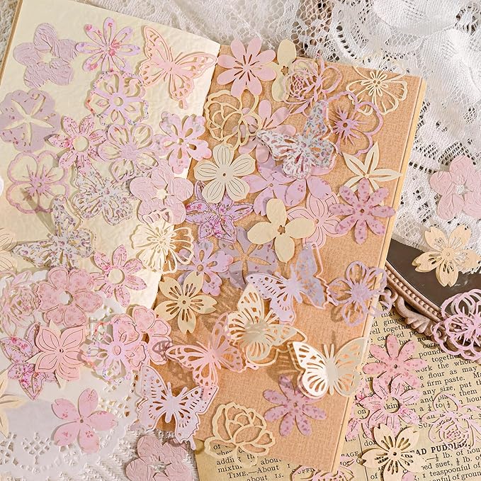 300PCS Vintage Scrapbook Paper Textured Journaling Scrapbooking Supplies Kit Hollow Out Decorative Craft Paper Assorted for Bullet Junk Journals Card Making Craft DIY, Encounter Garden