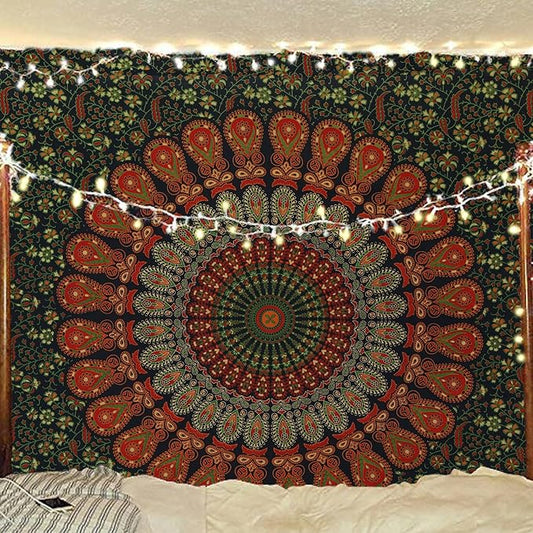 bless international handmade indian hippie bohemian psychedelic peacock mandala wall hanging college dorm beach throws table cloth bedding tapestry (golden green, poster(30x40inches)(76x101cms))
