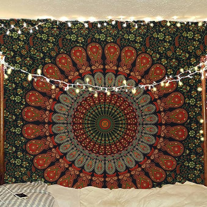bless international handmade indian hippie bohemian psychedelic peacock mandala wall hanging college dorm beach throws table cloth bedding tapestry (golden green, poster(30x40inches)(76x101cms))